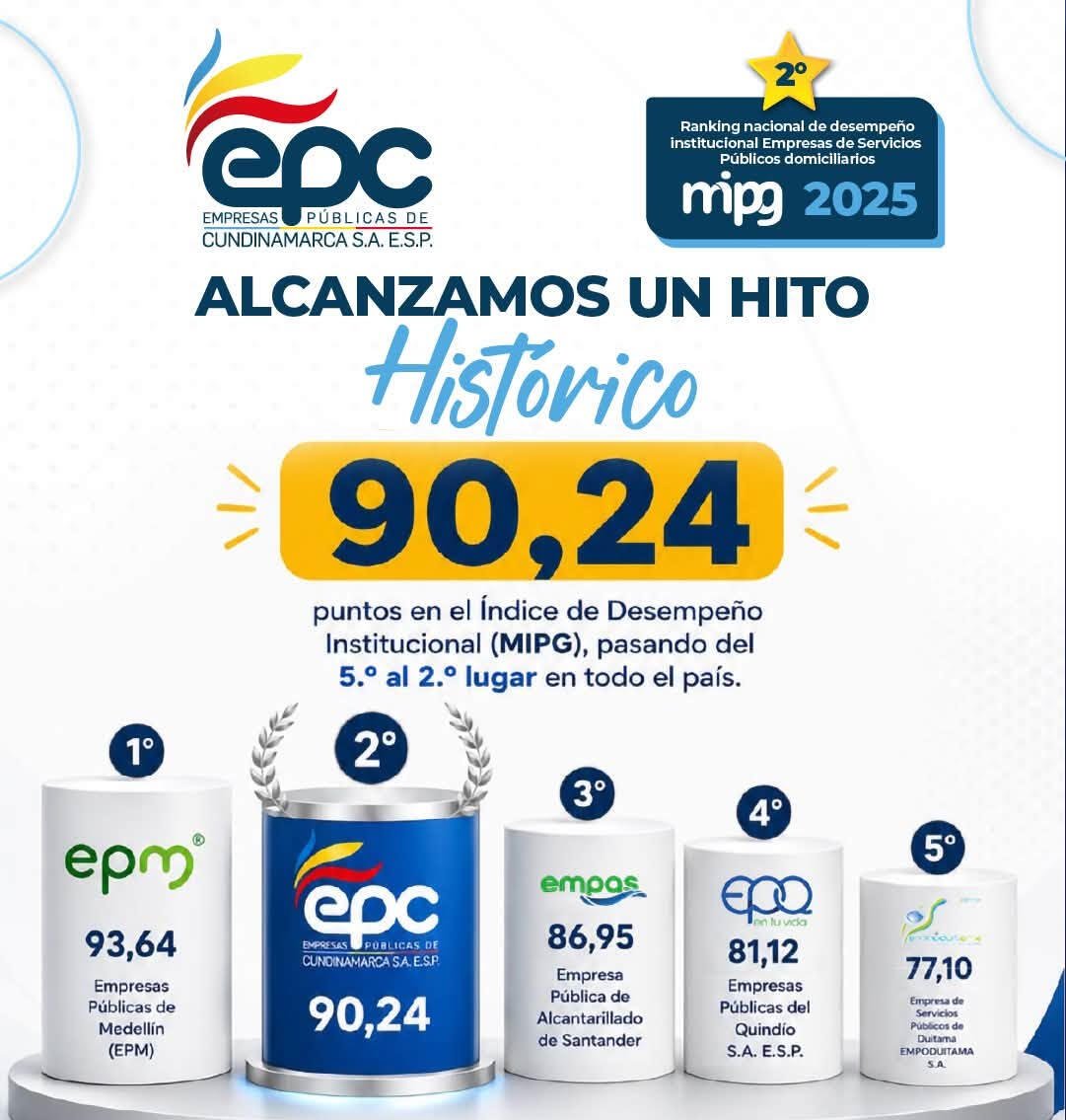 EMPRESAS PÚBLICAS DE CUNDINAMARCA SE UBICA ENTRE LAS MEJORES DEL PAÍS EN DESEMPEÑO INSTITUCIONAL ANUNCIÓ INFORMES SEMANALES AL PAÍS